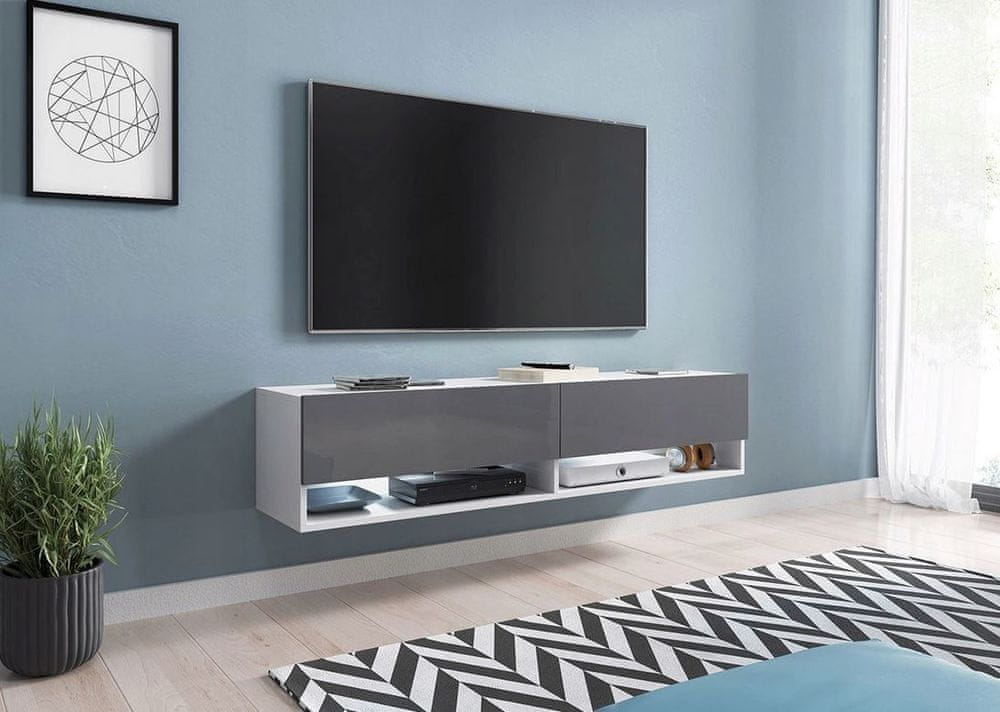 Veneti Televízny stolík s LED RGB osvetlením 140 cm WILLA A - biely / lesklý šedý